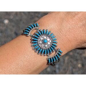 Zuni Cuff Bracelet Native American Signed Petite Needlepoint Turquoise 6.25 **‎